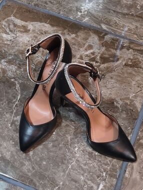 Black Pointed Toe Ankle Strap Heels with Rhinestone Accent